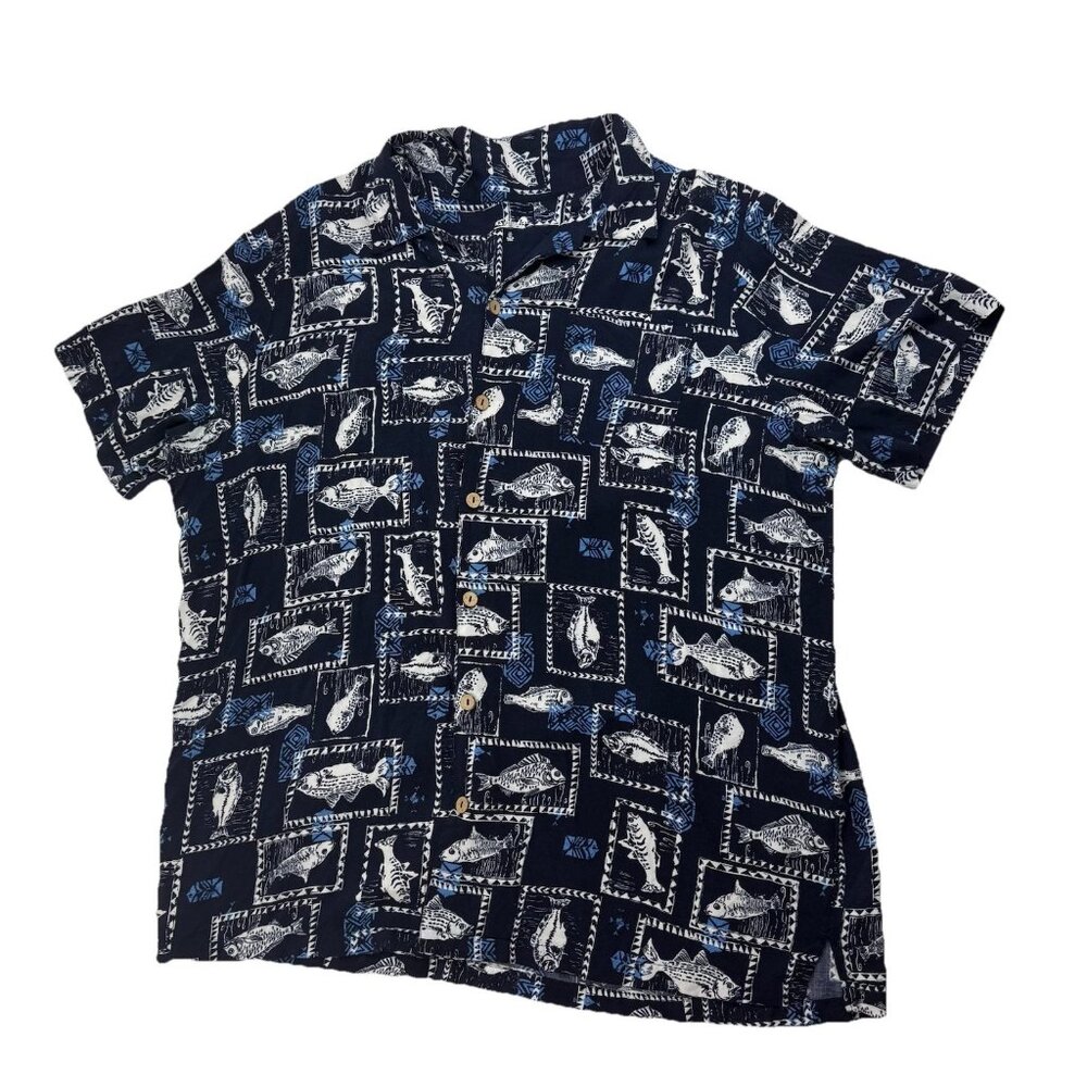 KS Island Mens 2XL Tall Blue Fish Short Sleeve Button Up Hawaiian Shirt